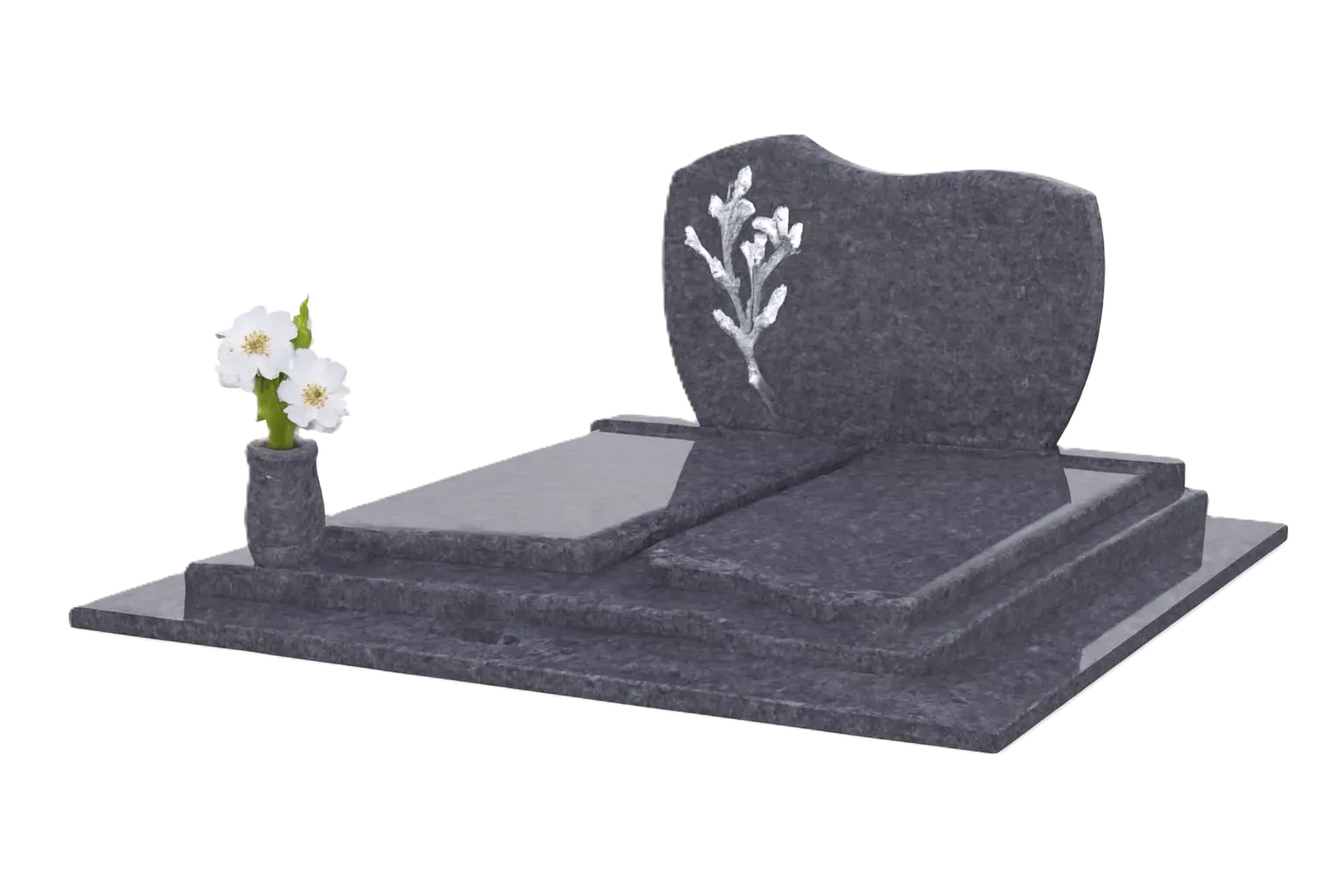 Monument funéraire en granit foncé avec stèle gravée d'un motif végétal et un petit vase à fleurs.