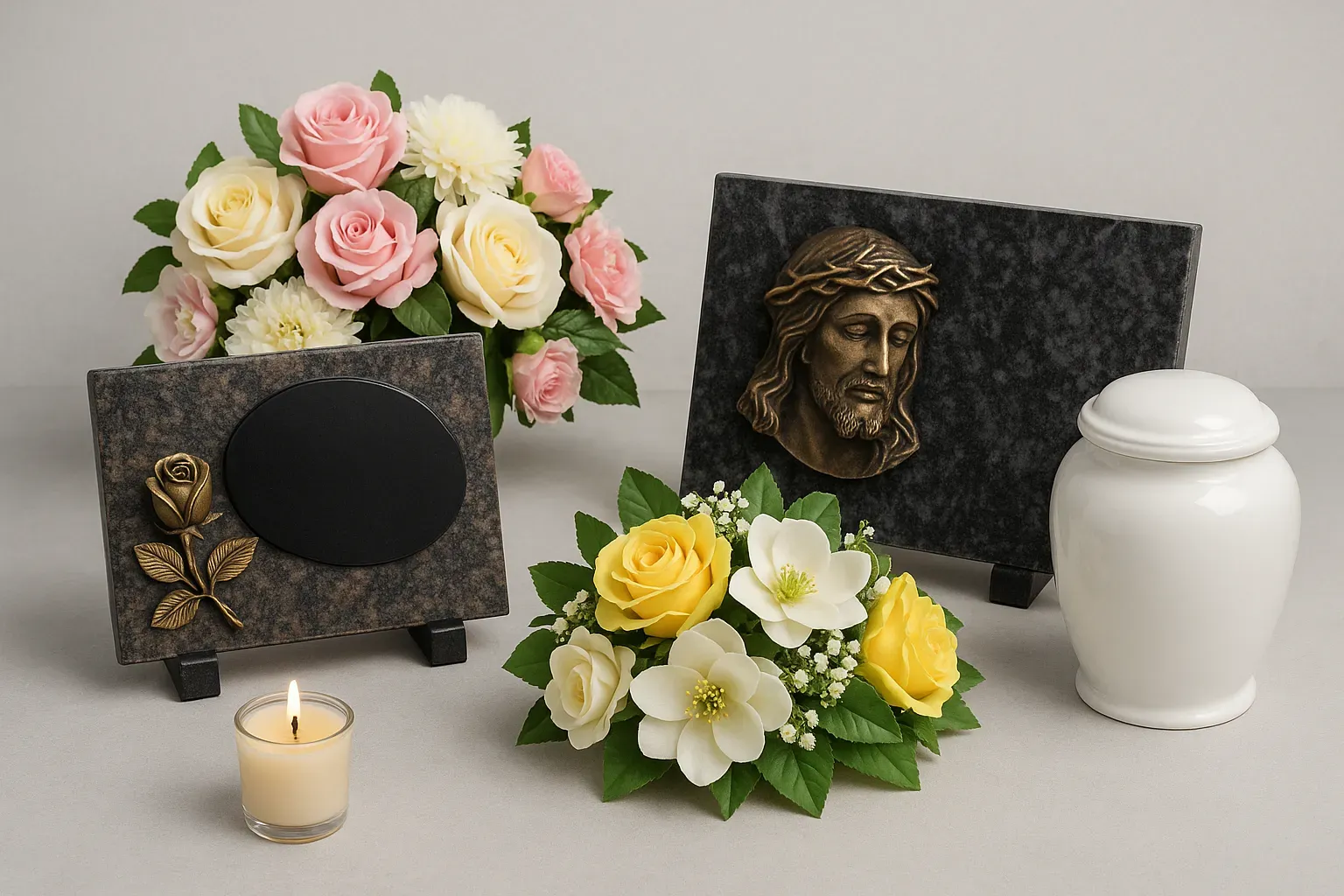 Plaques funéraires en granit, urne cinéraire blanche et compositions florales.