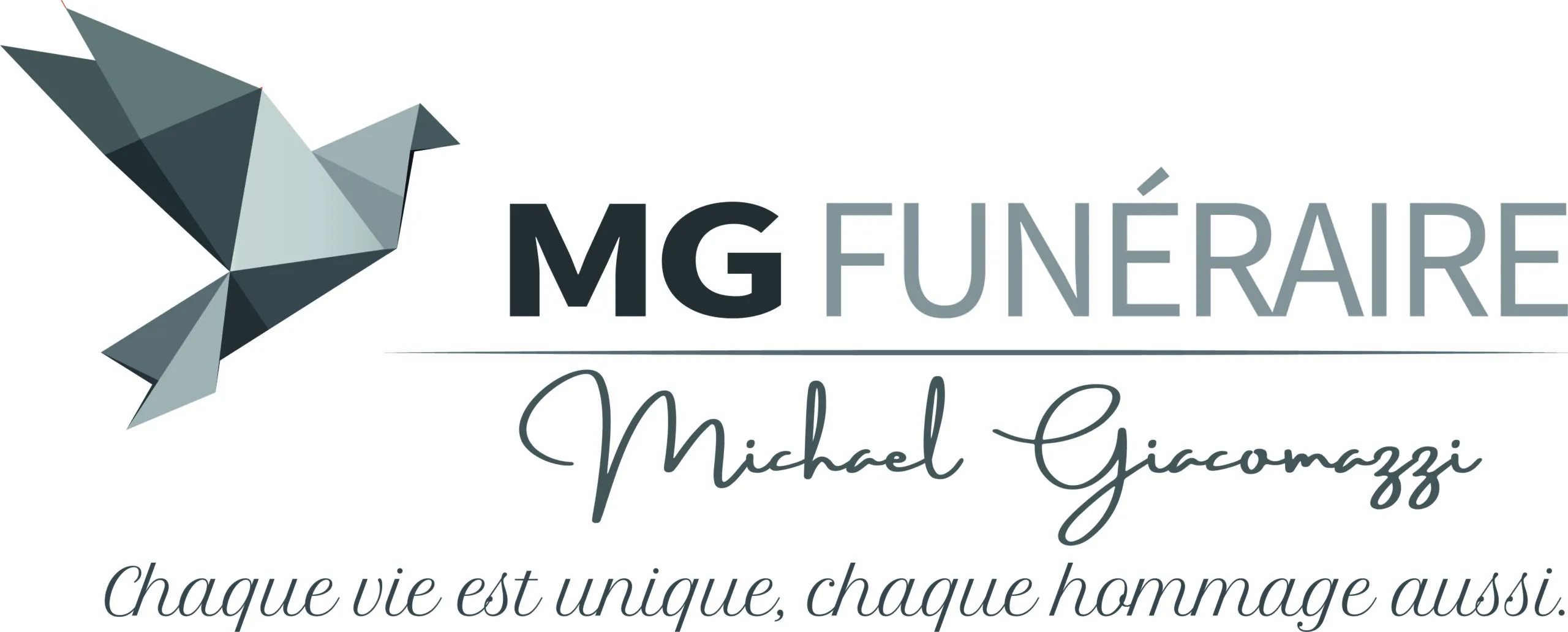 Logo de MG Funéraire Mickaël Giacomazzi illustré par une colombe en origami.