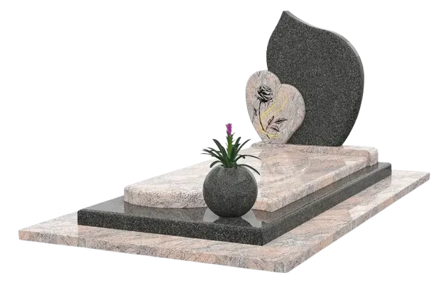 Monument funéraire personnalisé en granit rose et noir avec stèle en forme de cœur gravée d'une rose.
